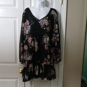 Rewind black floral print long sleeve flowy dress Sz XL NWOT